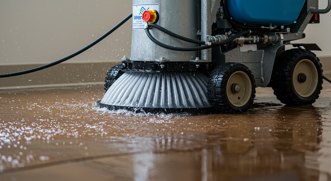 A close-up shot of advanced water extraction equipment in a flooded area, showcasing the technology used in professional water removal services. The image focuses on the machinery in action, with water being extracted from the floor.