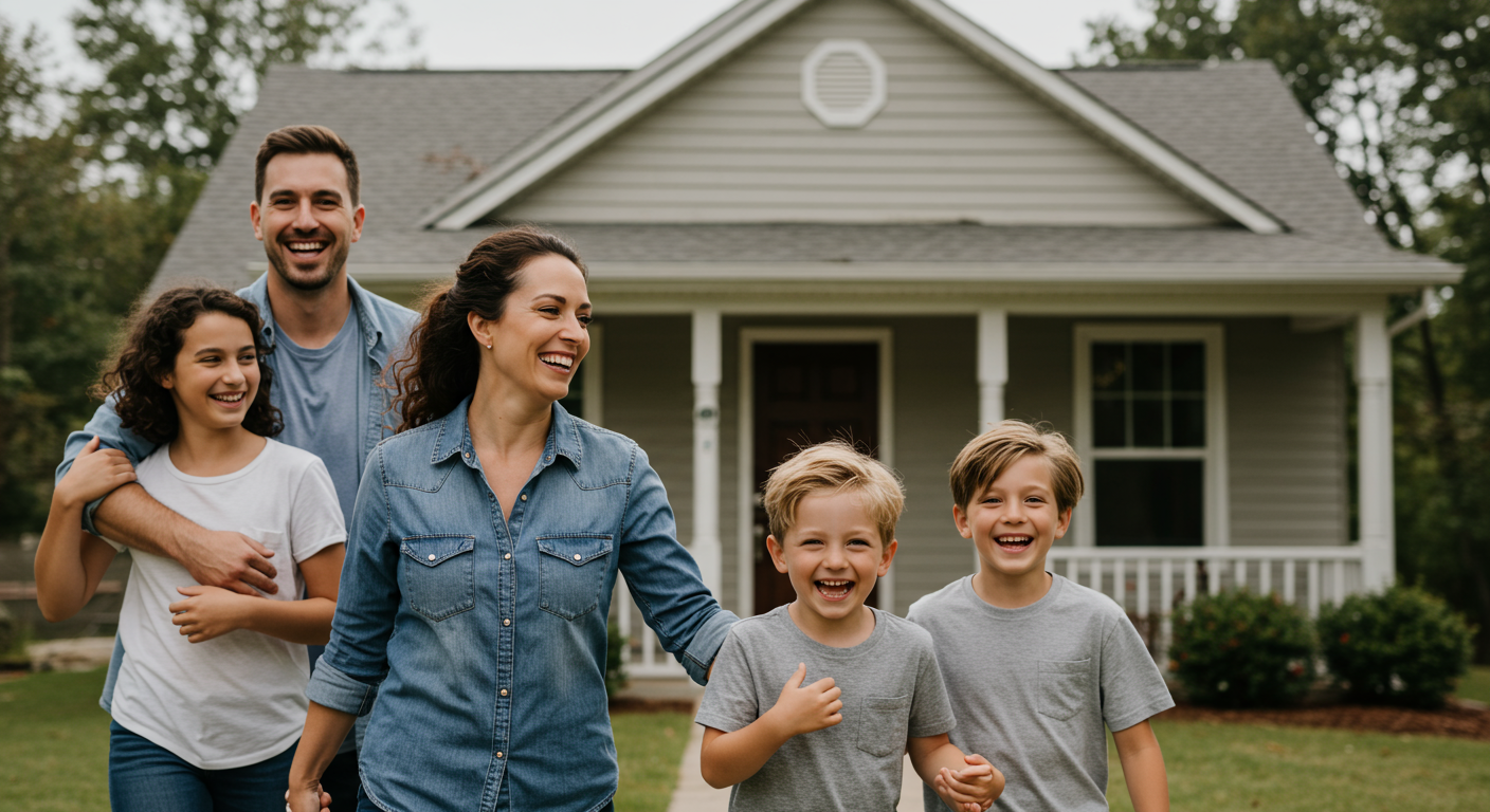 A family happily returning to their restored home after emergency damage restoration, with smiles and relief on their faces. The image captures the joy of recovery.