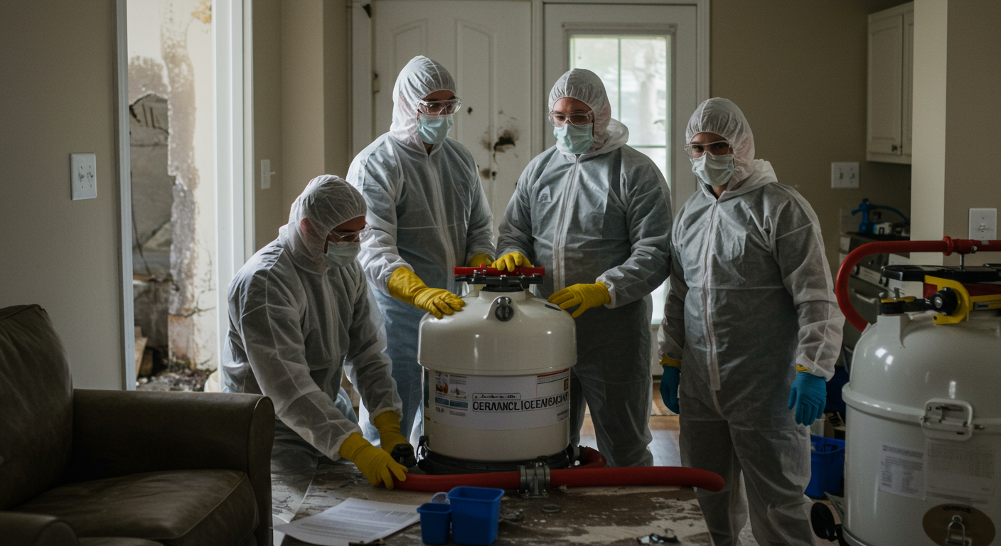 A team of certified sewage cleanup professionals working together in a home, showcasing teamwork and efficiency. The background shows the aftermath of a sewage backup, emphasizing the importance of professional services.