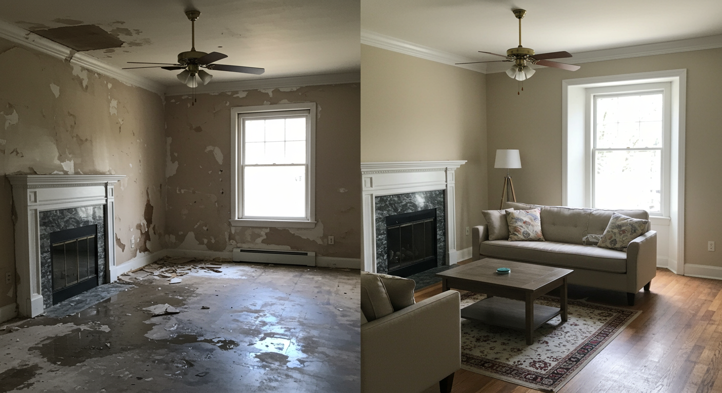 A before-and-after comparison of a living room affected by water damage, showing the restoration process from initial damage to a fully restored space.