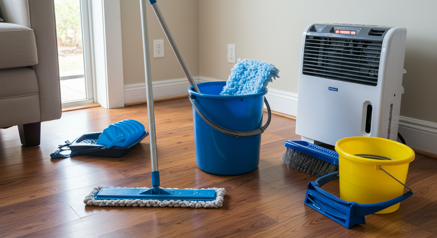A step-by-step visual guide showing a DIY water damage cleanup process, featuring tools like a mop, bucket, and dehumidifier in a home setting.