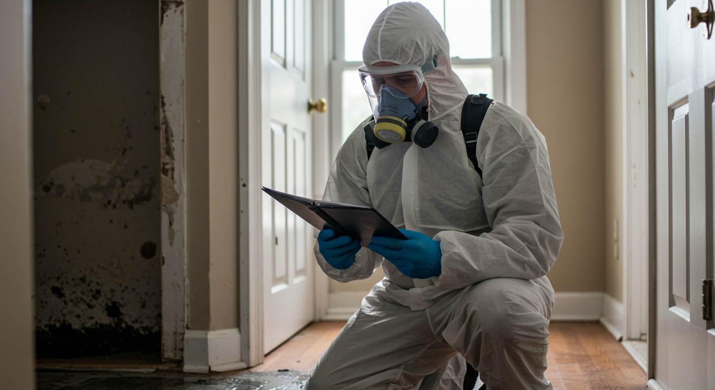 A technician in protective gear assessing a sewage backup situation in a home, with urgency in their expression.