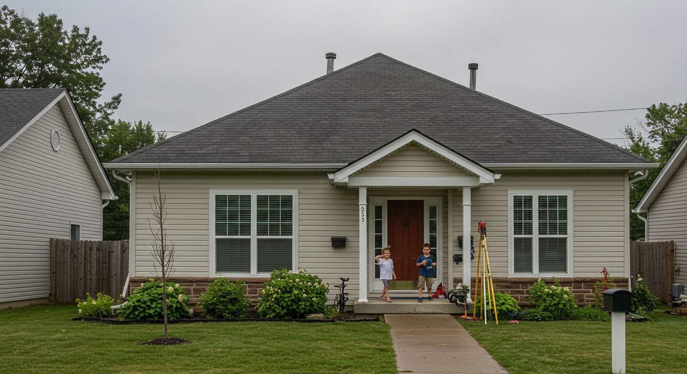 A serene image of a restored home exterior after flood damage, with a family happily returning to their home. The image conveys a sense of relief and recovery, showcasing the positive outcome of restoration services.