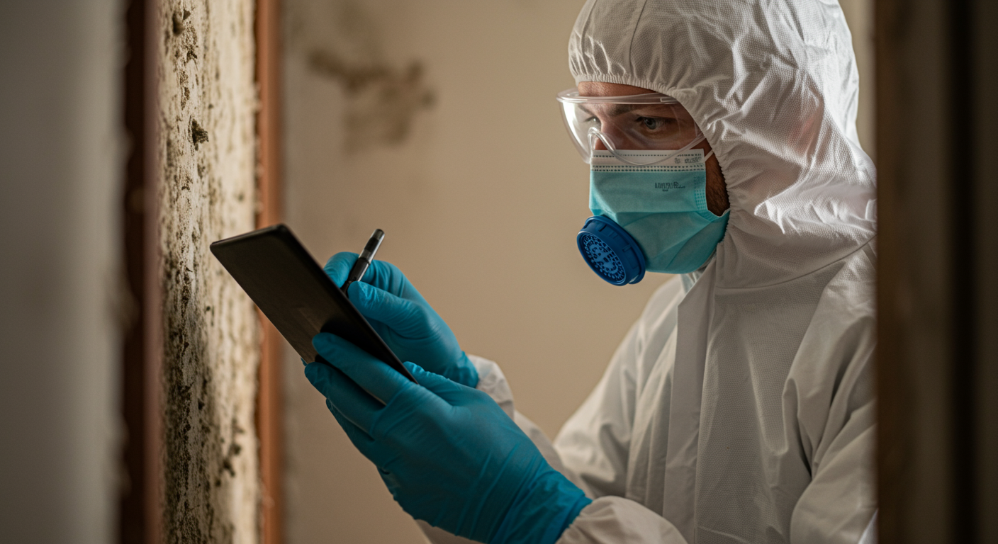 A close-up of a technician in protective gear inspecting a mold-affected area in a home. The focus is on the technician's careful examination, emphasizing safety and professionalism.