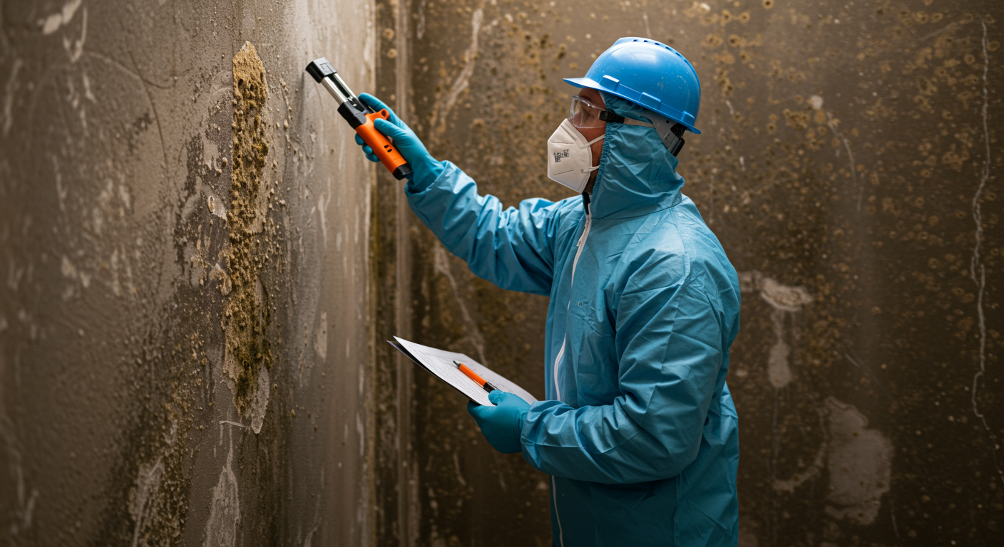 A technician inspecting a wall for mold growth after a flood, with tools and safety equipment visible. This emphasizes the critical step of mold remediation in flood recovery.