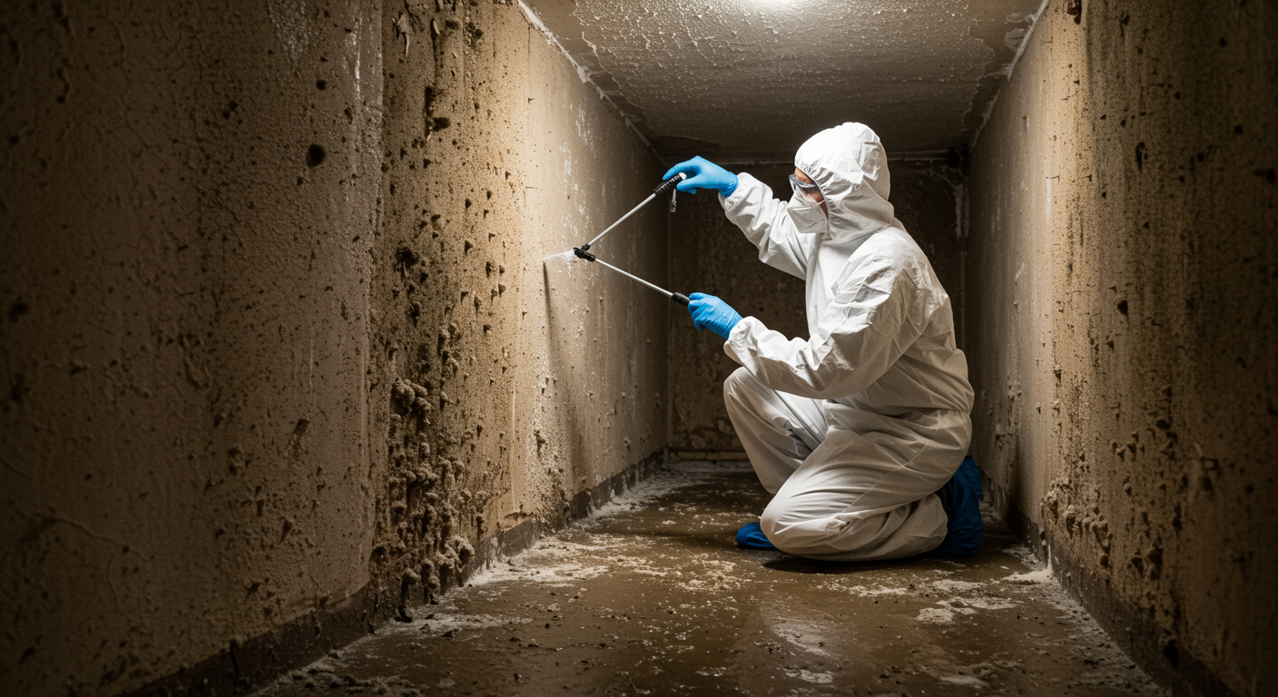 A technician inspecting and treating mold in a damp area of a home, emphasizing the importance of mold remediation as part of the flood cleanup process.