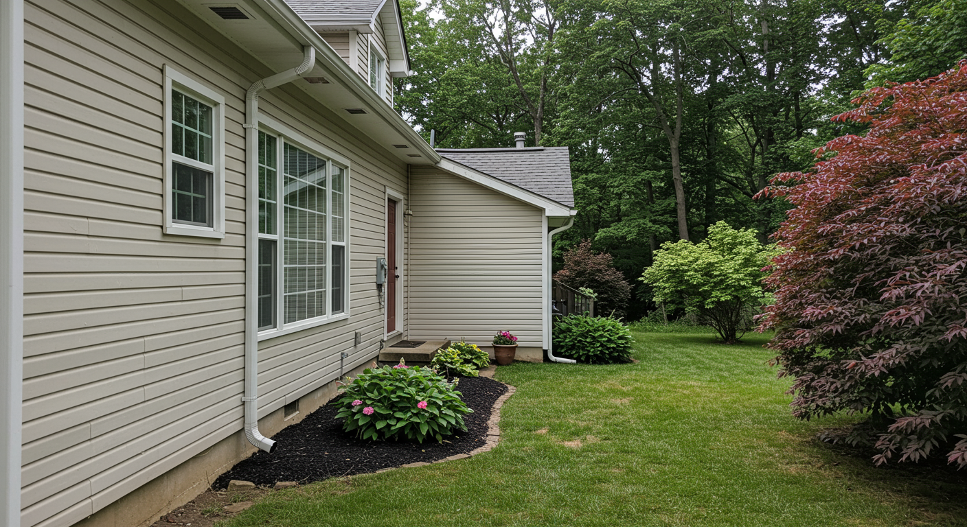 An outdoor view of a well-maintained home with proper drainage systems in place, such as gutters and downspouts directing water away from the foundation. The image conveys a sense of safety and preparedness.