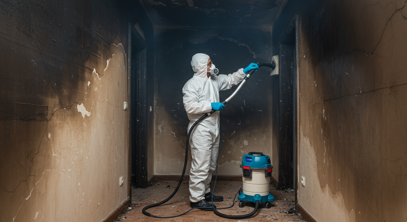Restoration Process in Progress: A technician using specialized equipment to clean smoke damage from walls, showcasing the restoration process.