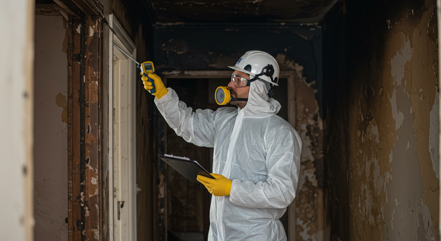 A professional restoration technician in safety gear carefully inspecting smoke-damaged walls in a residential home.