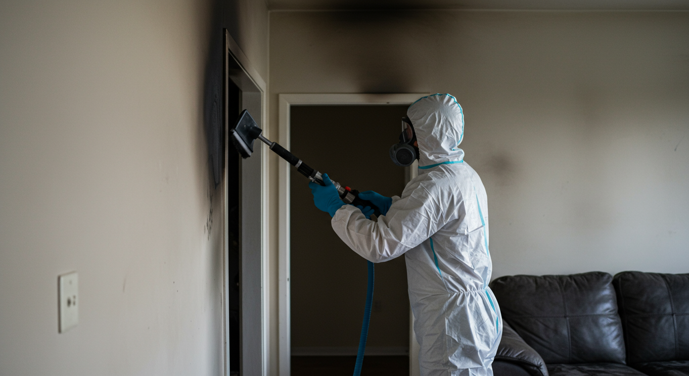 A professional technician wearing protective gear is actively cleaning soot from a wall in a residential living room. The image captures the technician using specialized equipment, showcasing the restoration process.
