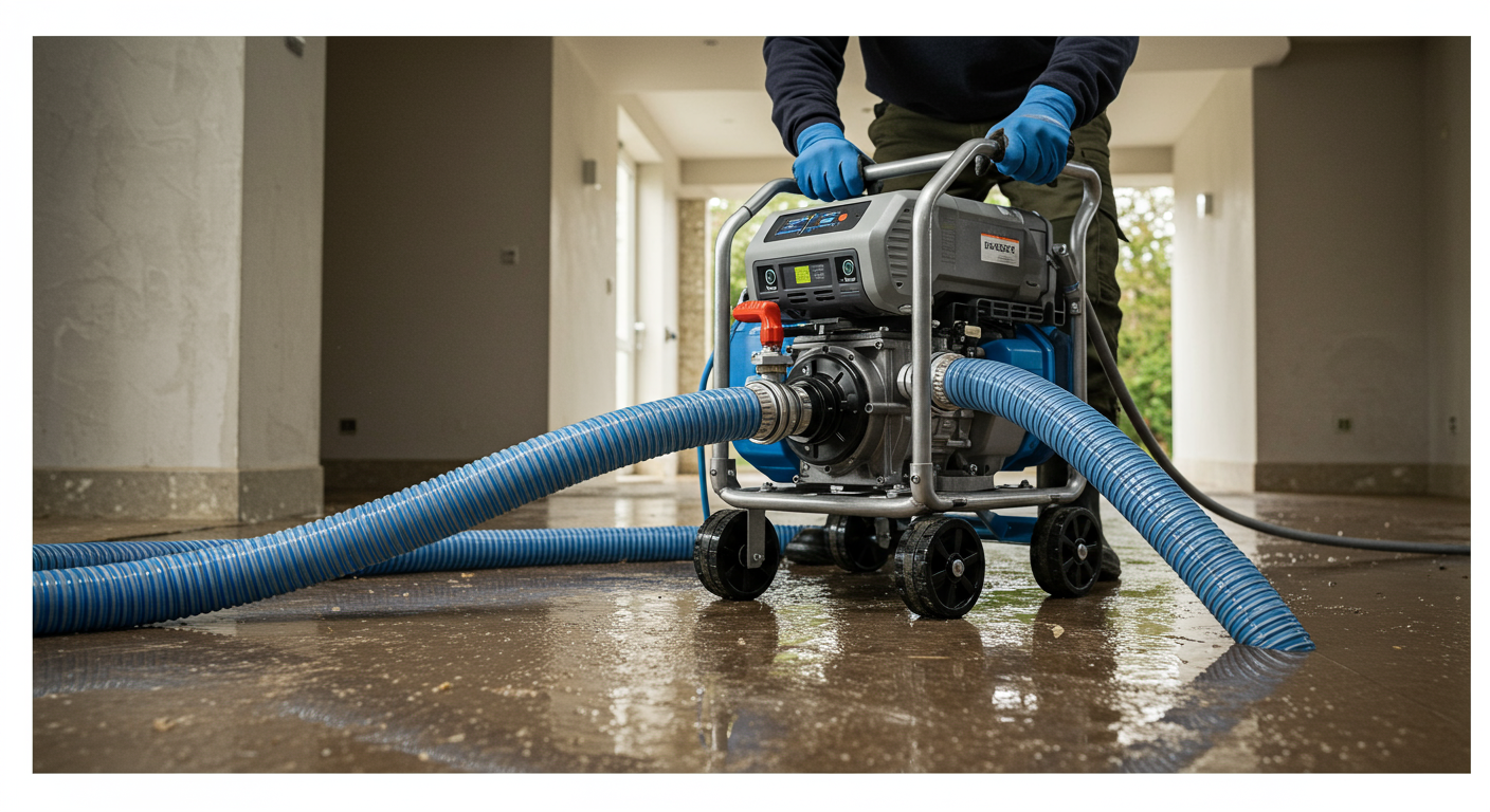 A close-up of a technician using specialized equipment to extract water from a flooded area, demonstrating the restoration process.