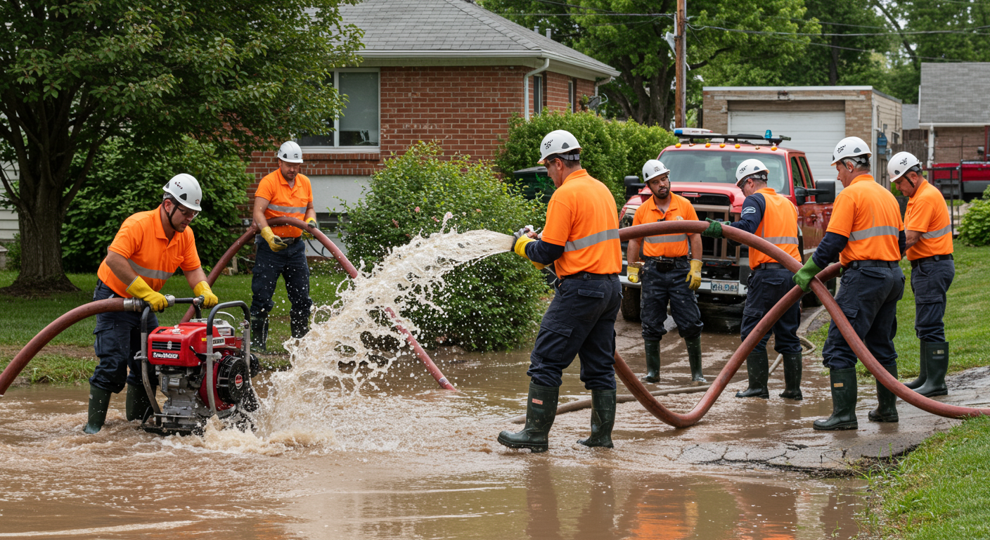 A team of professionals in safety gear actively extracting water from a flooded residential area. They are using powerful pumps and hoses, showcasing teamwork and efficiency.