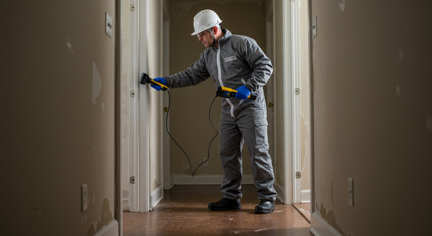 A professional restoration technician inspecting a home for water damage, using moisture detection equipment. The focus is on the technician examining walls and floors.