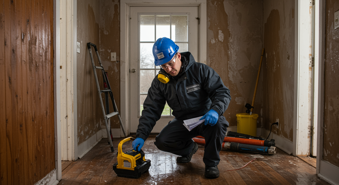 A professional restoration technician inspecting a water-damaged area in a home, with tools and equipment visible. The technician is wearing safety gear, emphasizing safety during the restoration process.