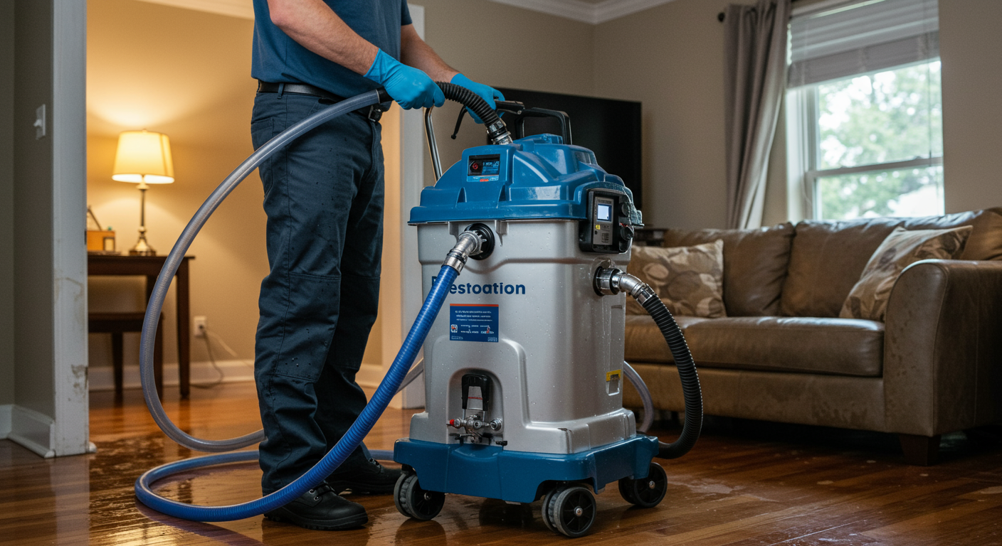 A professional restoration technician using specialized equipment to extract water from a flooded living room.